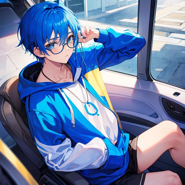 Teen boy with blue hoddie cool blue hair woth eye glasses