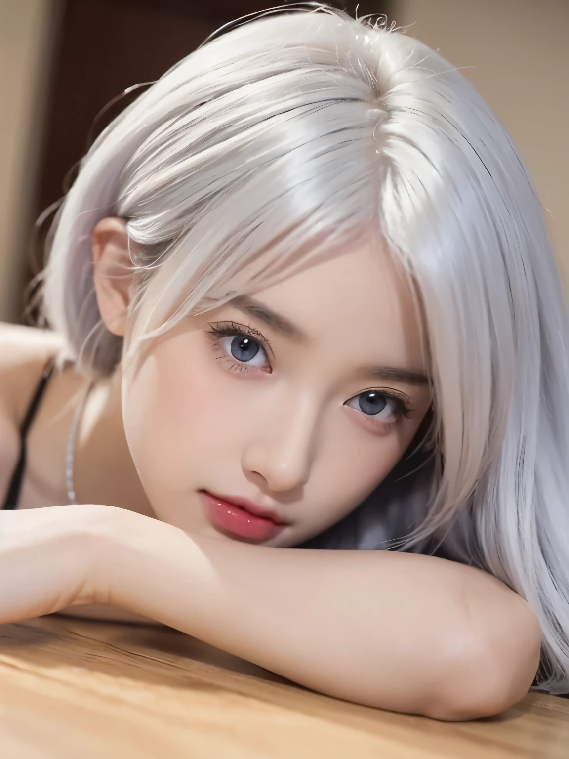 Be a girl with pink skin, pretty eyes (red eyes) as deep as the night sky, Half sad face lying on the table, White hair, looking at you, With anime/Semi-realistic art style