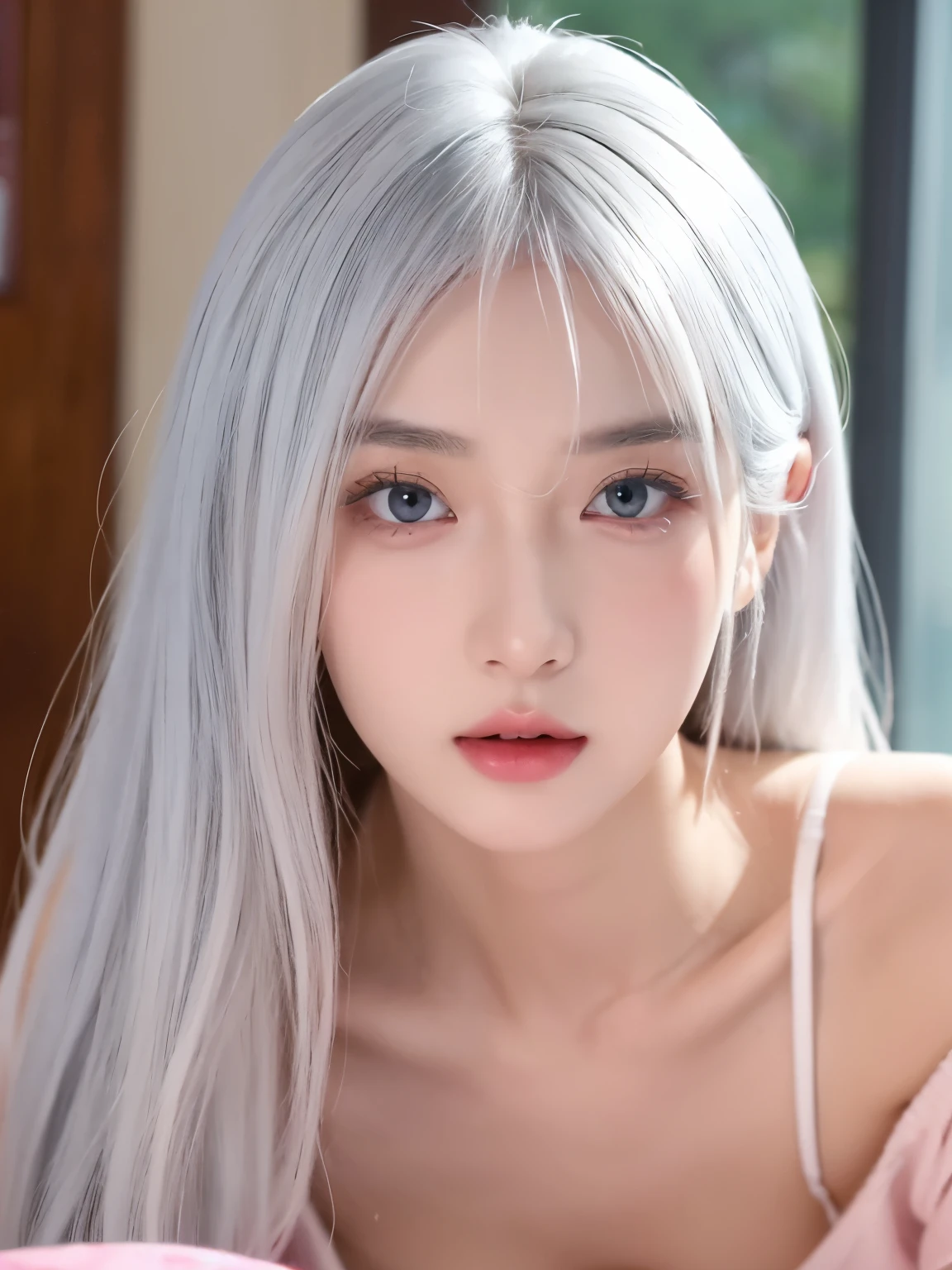 Be a girl with pink skin, pretty eyes (red eyes) as deep as the night sky, Half sad face lying on the table, White hair, looking at you, With anime/Semi-realistic art style