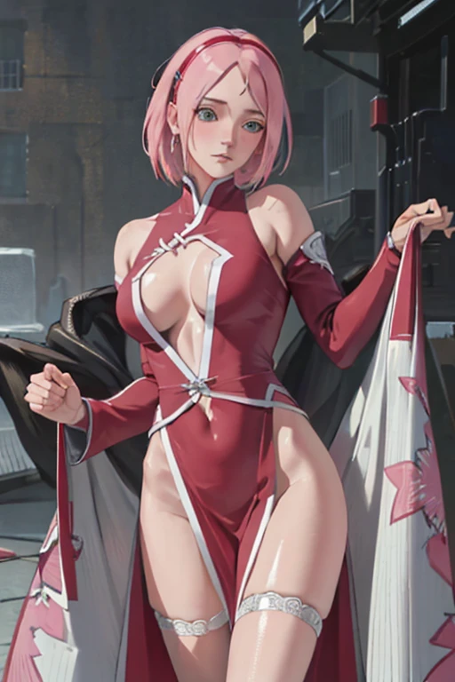 masterpiece, absurd, (intricate details), (colorful), cinematic lighting, extremely detailed 8k CG unit wallpaper, 1 girl, very large breasts, Sakura haruno, puppy position, pov, nsfw, provocative, nervous, embarrassed, blushing, torn clothes, partially naked