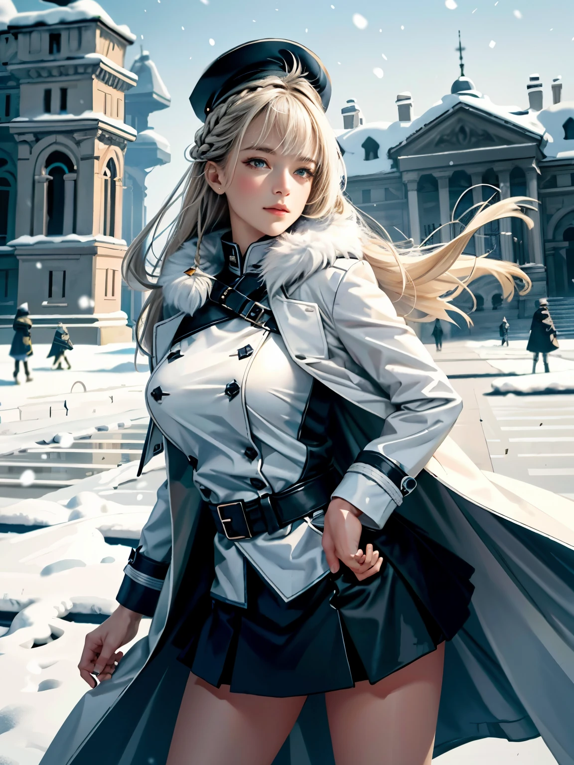 (highest resolution, distinct_image) Best quality, single person, one girl, solo, masterpiece, highly detailed, realistic, long hair, braided white blond hair, (blue military uniform underneath the coat), depth of field, outdoor background, (falling snow), ((big breasts)), authoritative, dignified, calm and powerful expression, ambient lighting, exquisite facial feature, (fur-trimmed white coat), open coat, short skirt, looking at viewer, head to waist, in a terrace of a monumental building, (((front bangs))), dynamic angle, striking a pose, light smile