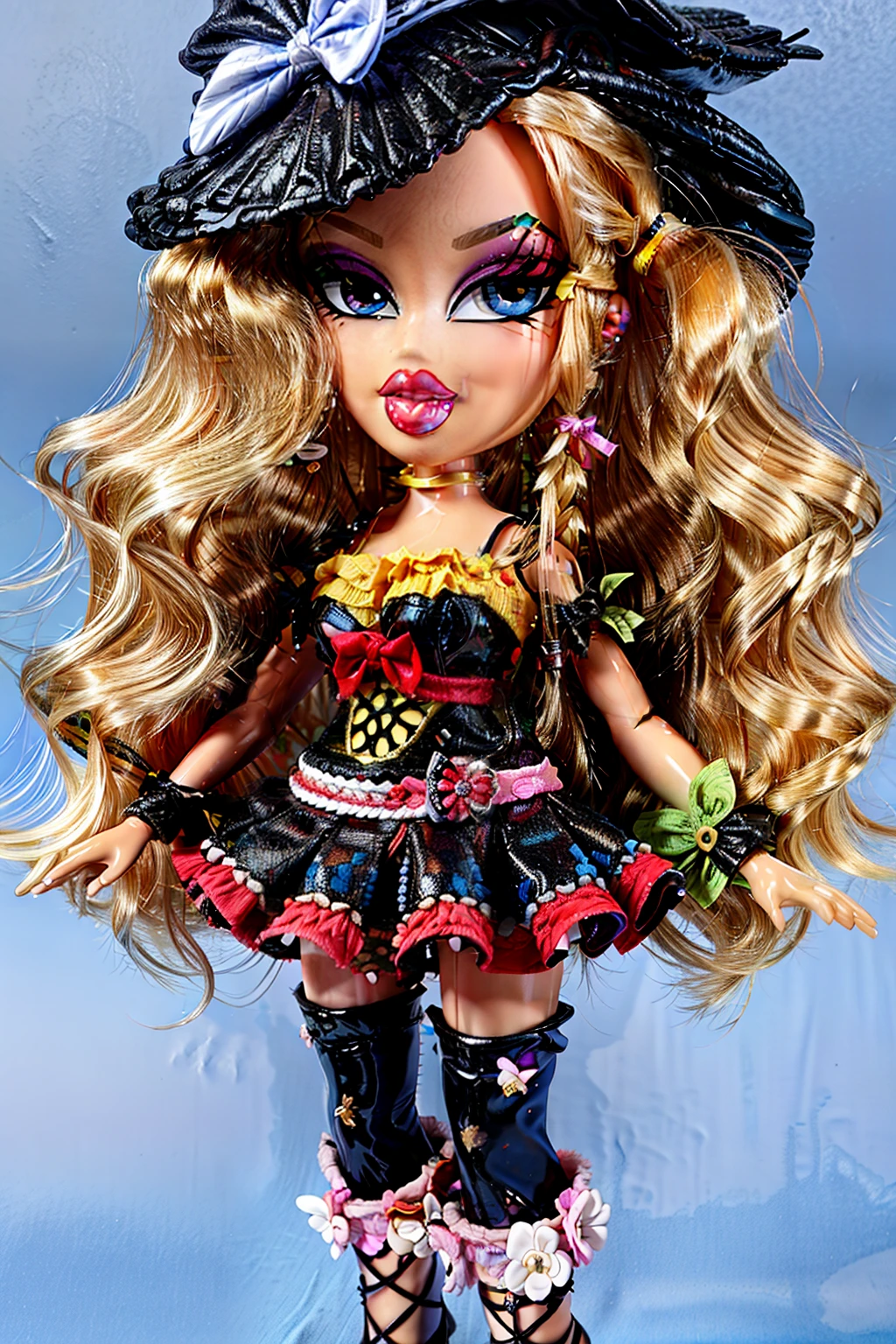 Bratz girl with detailed eyes and big lips and brown curly rococo hair , wearing versace colorful flowers red dress , full body , plastic skin , doll joints , ,(masterpiece, top quality, best quality, beautiful and aesthetic:1.2), Reimu Hakurei, doll, revealing clothes, big head, 1girl, solo, breasts, curvy, wide hips, narrow waist, joints, doll joints, cleavage, bursting breasts, huge breasts, lips, bow, hair_bow, hair_tubes, red_bow, brown_hair, long_hair, bangs, sidelocks, ascot, brown_eyes, frilled_bow, yellow_ascot, blush, smile, hair_between_eyes, full body, high heels, thighhighs