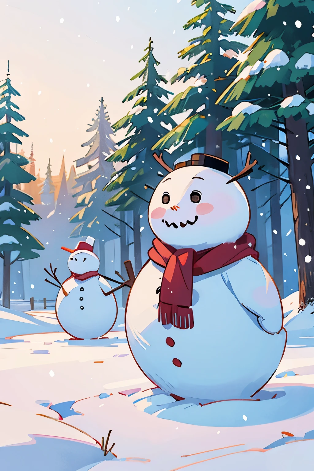 snow field、A snowman is skiing happily、It's snowing