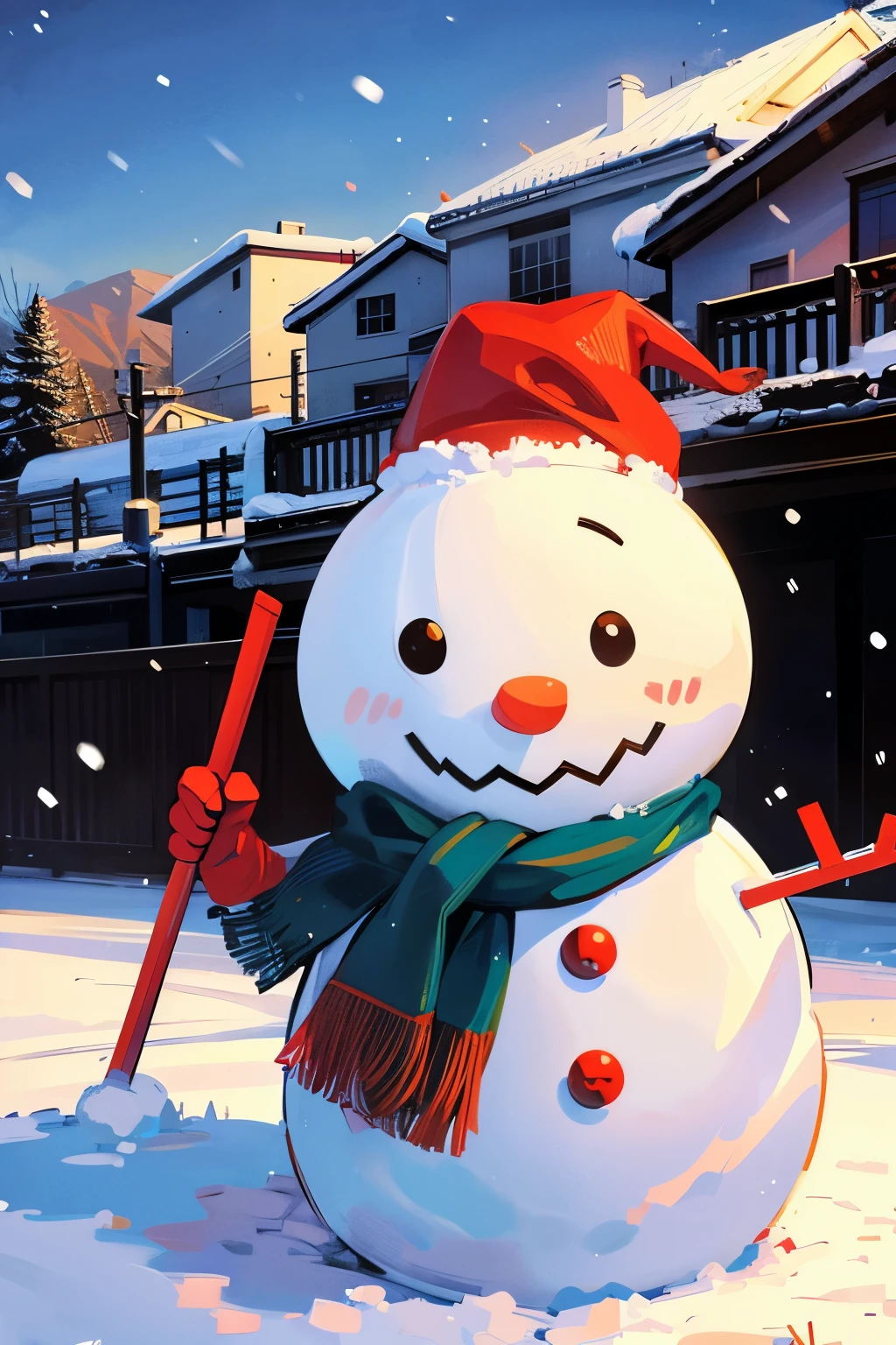 snow field、A snowman is skiing happily、It's snowing