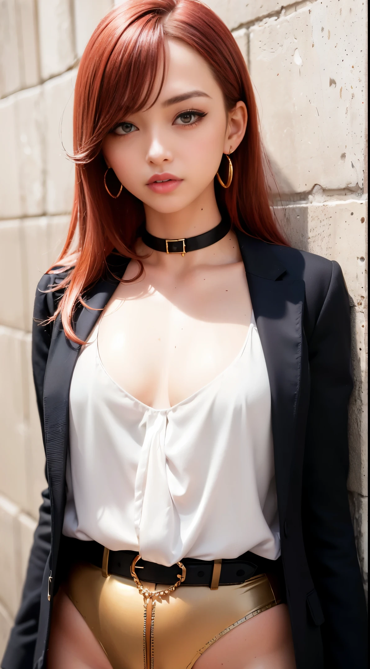(masutepiece, of the highest quality, Highest Quality, offcial art, Beautiful and aesthetic: 1.2), (One girl), Very detailed, Colorful, Highest detail,
, teacher, Red-haired, long-haired, lip stick, makeup, a purple eye, Perfect eyes, earrings, Shirt, Jacket, Black thighs, garterbelts, Absolute area, pencil skirts, uniform,
Jewelry, Hands on the chest, See-through, Look at the beholder, hair adornments, choker necklace, Shy,
(Big: 1.2, Upper body, frombelow, camel's toe,) White panties, Skirt lift,
city, Street, leaning, walls, Sun, cloud,