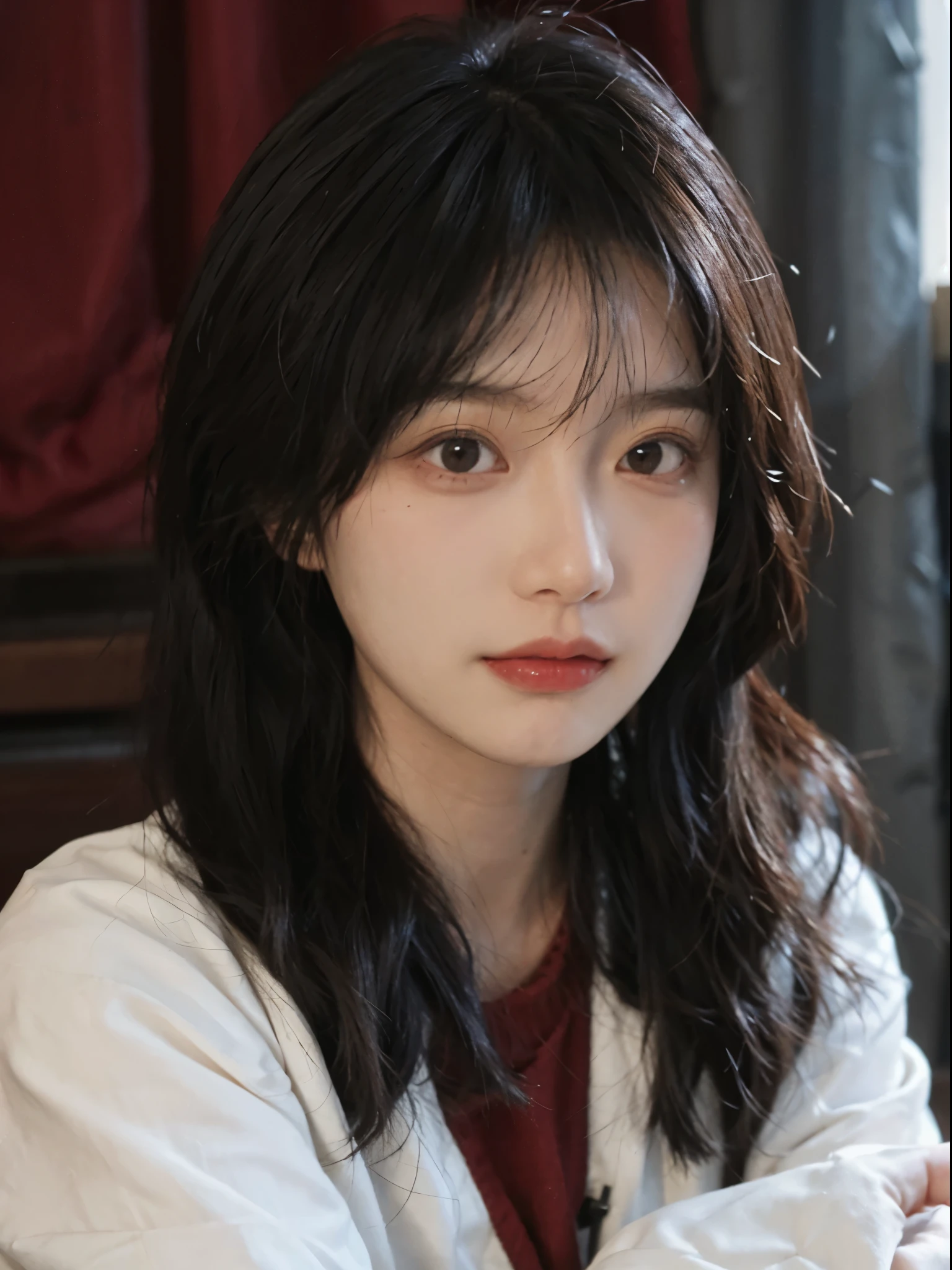 Best quality, 超高分辨率, (realistically:1.4),There is a woman wearing a sweater and a red shirt,rays of sunshine,年轻Cute Korean face, 有着Cute and delicate face蛋, a cute young woman, she has a cute face, Cute Korean face, pale milky white porcelain skin, Cute and delicate face, ulzzangs,, Baiji haircut hairstyle