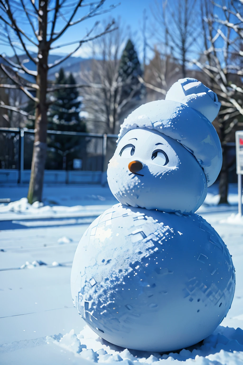 snow field、A snowman is skiing happily、It's snowing