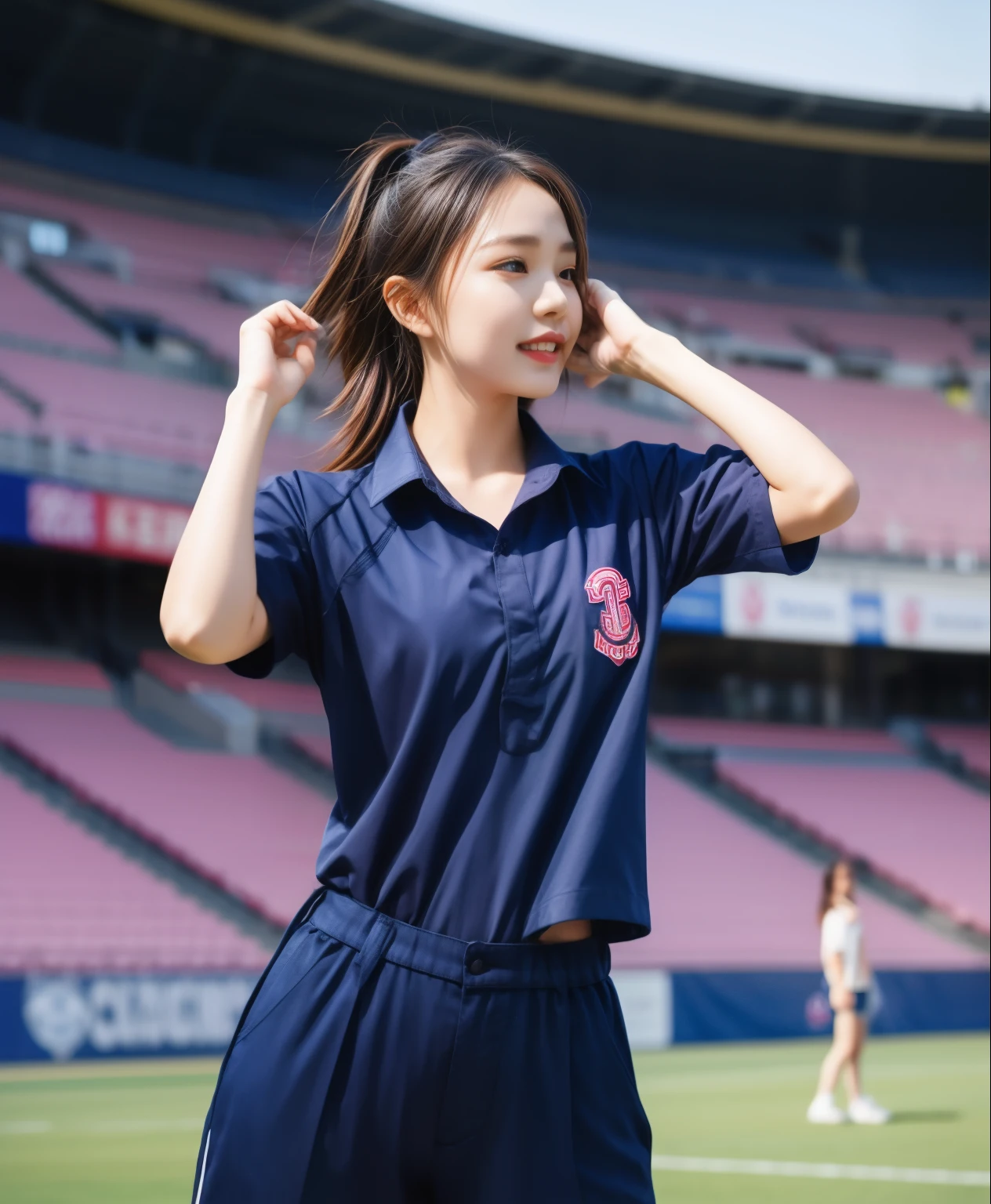 (bestquality,10,10,highres,masterpiece:1.2),ultra-detail,(Realistic,ภาพRealistic,photo-realistic:1.37),1 Cute girl in the football field,oily shiny skin,bara,light smile,BDclothelue shirt:1.3)),short sleeves,shirt, trousers.,(navy_long_ติดตามtrousers:1.1), ((Stadium Background:1.3)),dynamic angle,excited,face focus,Dynamic Poses,from behide,Ass Focus,masterpiece, bestquality, ultra realistic, hyper-detail, 8k resolution, RAW photo, crisp focus, ((Navy blue shirt:1.1)), short sleeves, เส้นทางlong, Complete bodyแบบ, 2 mature women, 18yo, cinematic light,trousersวอร์มสีน้ําเงิน,Gymware,Correct anatomy,Complete body, Correct body, sharp face, Correct bodyทางกายวิภาค, full entire body, Realistic gestures, long-haired, Realistic poses,Wear long shorts............................................,ช่วงขาlong,Shapely,Sculpting Girl, Slender Figure, mannequin mannequins, Shapely, Beautiful body,trousersวอร์มสีน้ําเงิน, Two girls kissing