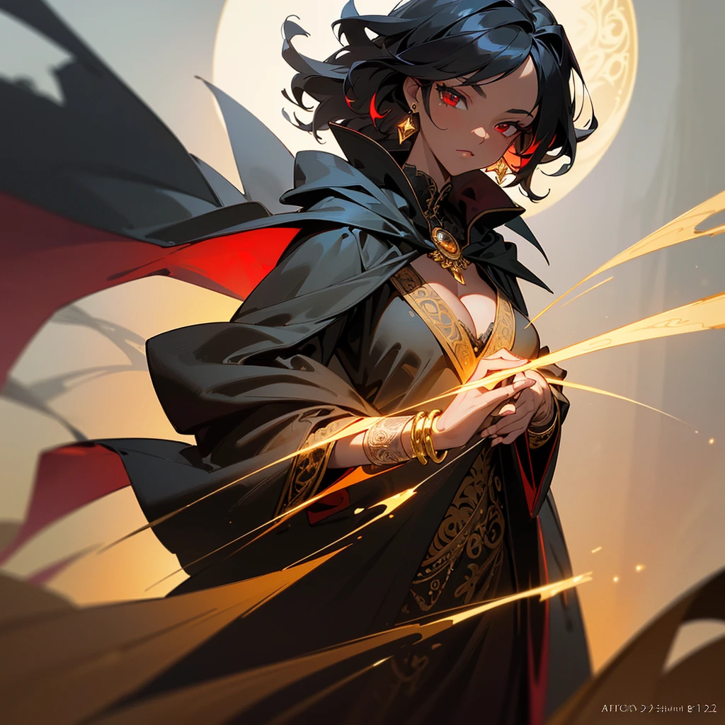 (Witch), (((masterpiece))), (((best quality))), (masterpiece: 1.3), ((16k, .RAW, sharp focus, better details, vibrant color strokes )) , ((8k)), ((ultra-detailed)), ((detailed face)), (1 dark-skinned human woman: 1.2), (black hair 1.3), (((red eyes: 1 ,2))), ((well-drawn eyes, detailed eyes: 1.2)), (standing), sexy body, (black cloak: 1.2, gold lines), (cloak, witch), (bracelet, earring, gold accessories ), wallpaper, pinterest, (((Official art, masterpiece, ultra-detailed))), (((best quality: 1.2, intricate details, ultra-high: 1.2))), photo model, (subtle cleavage) , (black cloak: 1.2), Fantasy Art, (Fantasyart), sexy body, big breasts, witch items, frontal photo, cinematic photo, natural light, wallpaper, pinterest, badass image, perfect photo, volumetric lighting