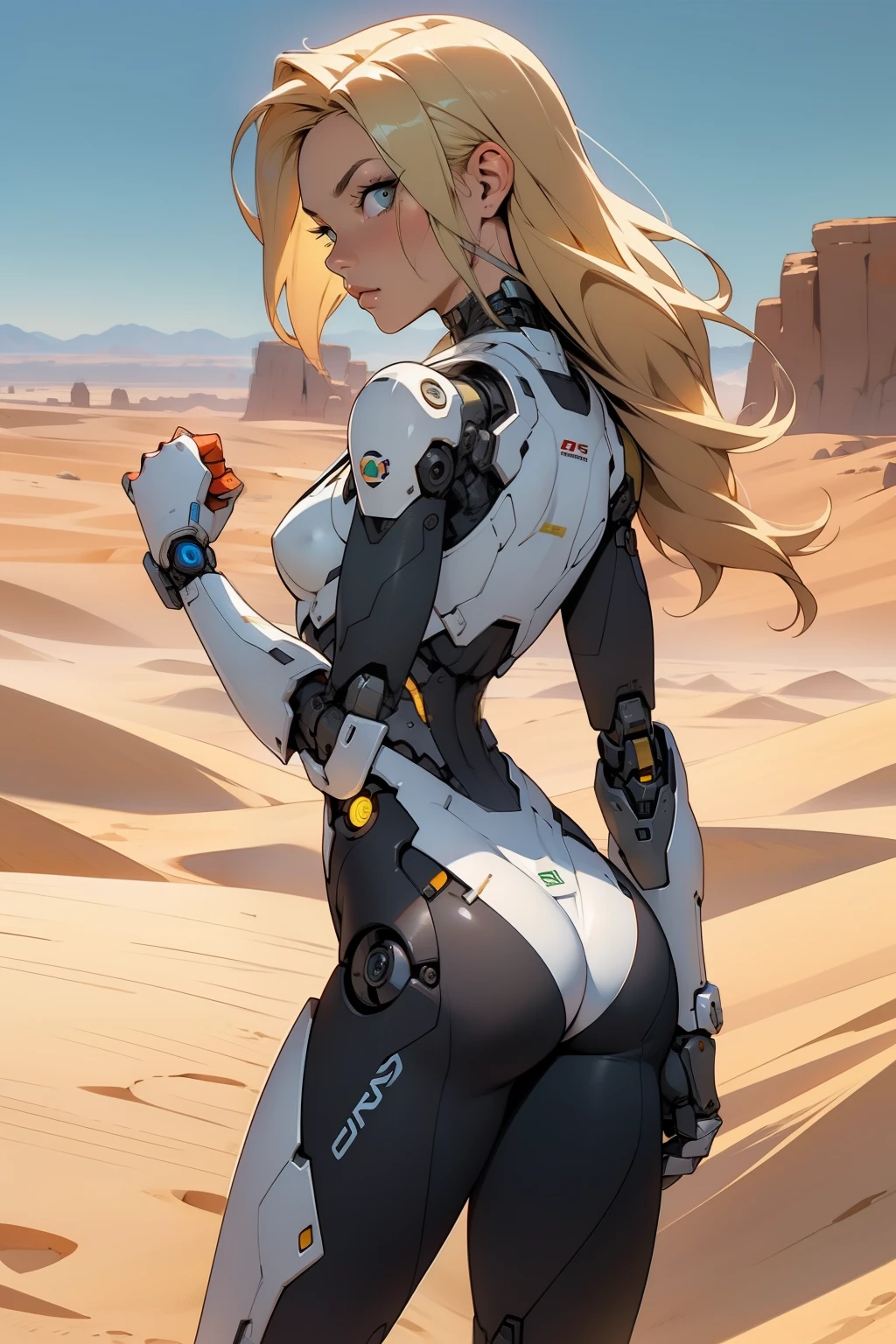 high quality, 4k, masterpiece, beautiful, cyborg girl, cowboy shot, dull eyes, back side, turning around to look at viewer, long blonde hair, girl, small breasts, fit thigh, robotic arms, robotic body, cyborg body, yellow accent, redaccent, intricate detail, joint, detailed lines, robotic detail, holding fist up, holding hand up as fist, color robotic parts, robotic parts with color, perfect fingers, on a desert planet, sunny background, colorful desert,