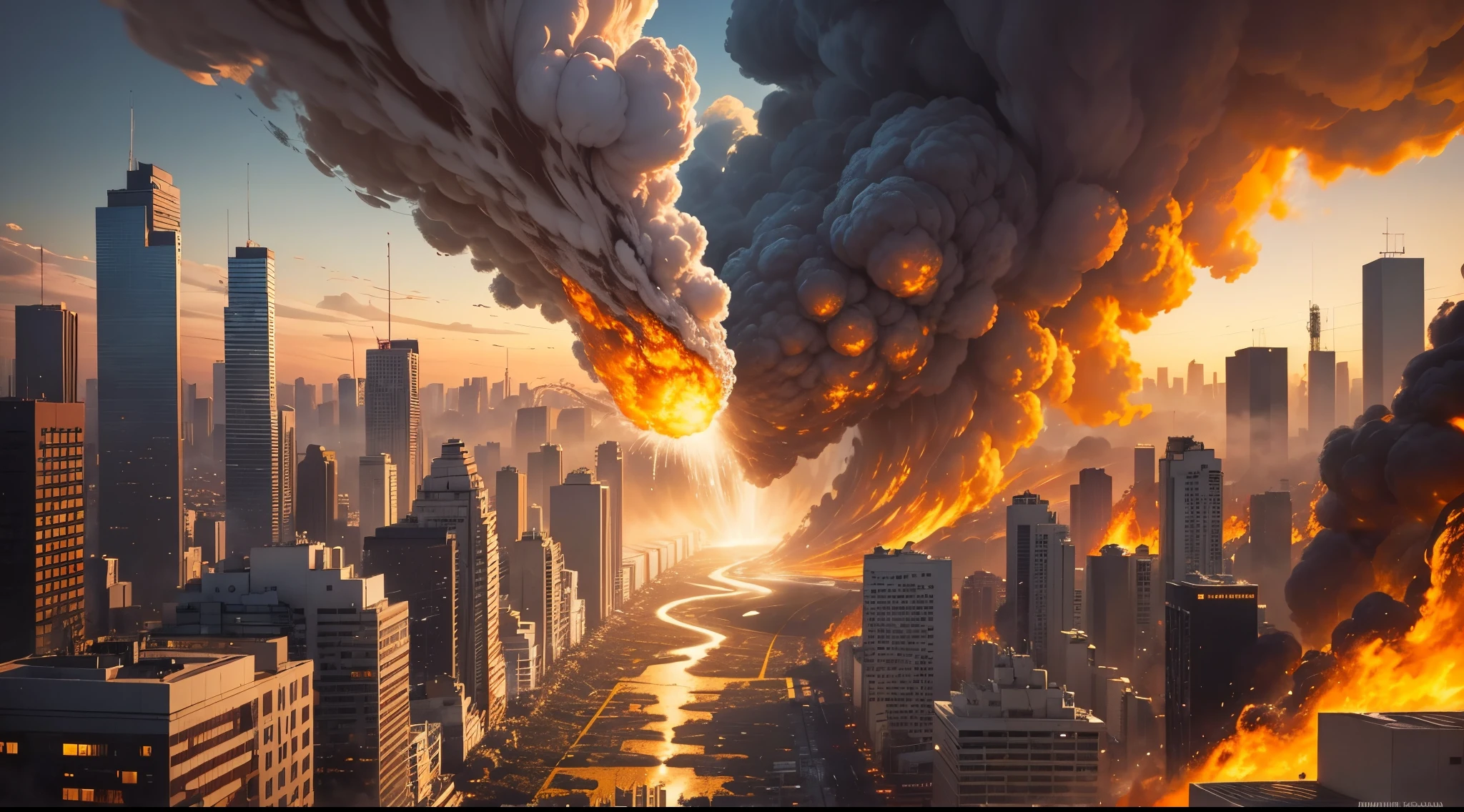 A large cloud of smoke rises over a city with a huge explosion, apocalyptic event, apocalyptic atmosphere, apocalyptic 8 k, apocalyptic 8 k, Fim do Mundo, bipe. hiper-realismo, arte do apocalipse, harrowing apocalyptic atmosphere, bipe de recuo, apocalyptic art, huge explosions everywhere, Beeple e Mike Winkelmann, ( apocalyptic ) 8 mil