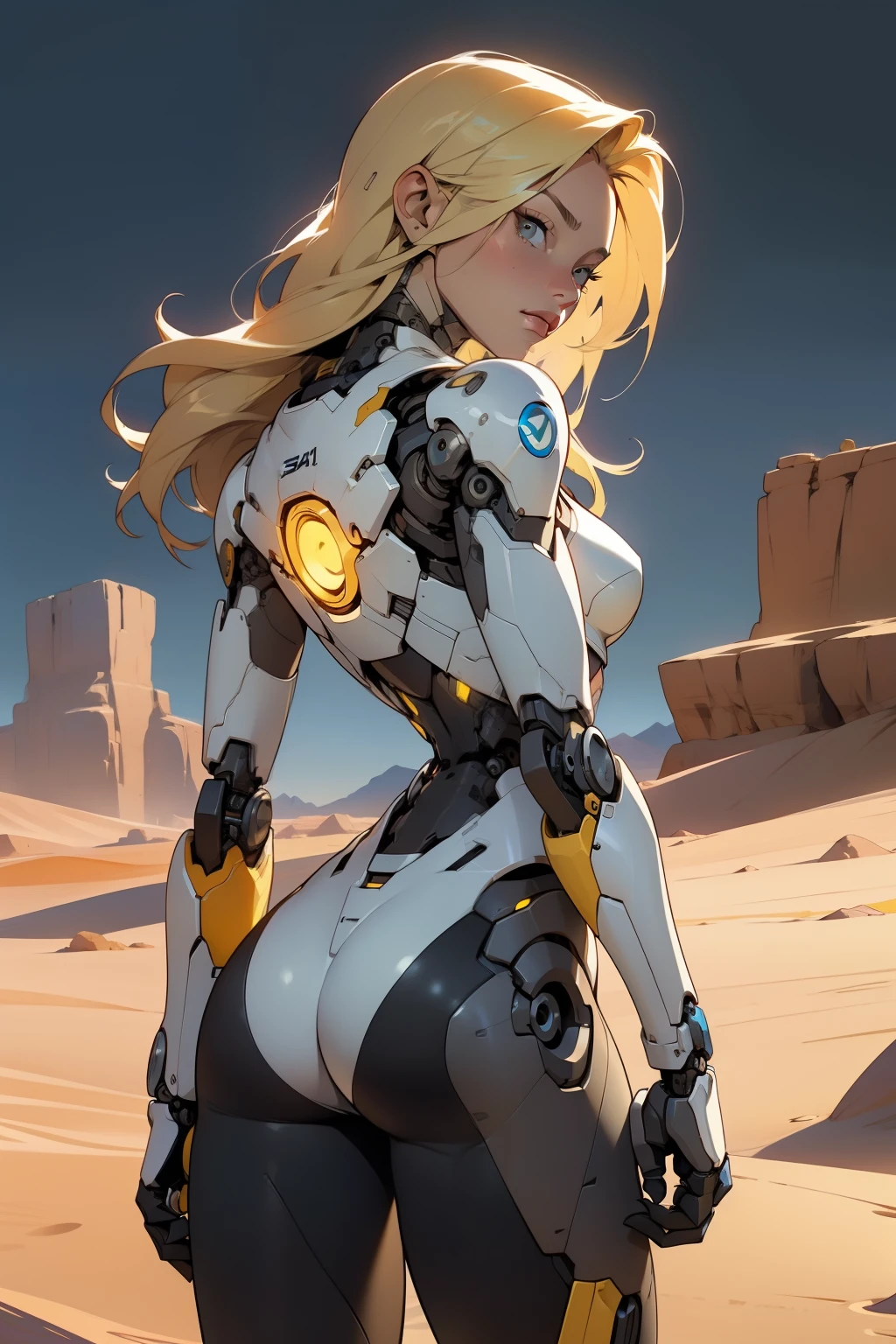 high quality, 4k, masterpiece, beautiful, cyborg girl, cowboy shot, dull eyes, back side, turning around to look at viewer, long blonde hair, girl, small breasts, fit thigh, robotic arms, robotic body, cyborg body, yellow accent, redaccent, intricate detail, joint, detailed lines, robotic detail, holding fist up, holding hand up as fist, color robotic parts, robotic parts with color, perfect fingers, on a desert planet, sunny background, colorful desert,