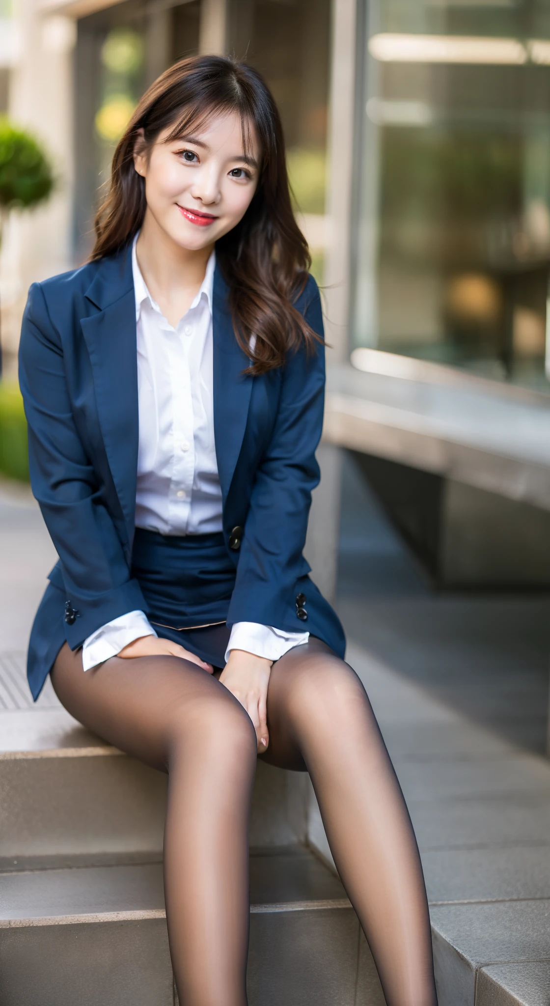 Beautiful black eyes、dual、natural skin textures:1.8, realistic eyes and face details:1.8、middlebreasts、in 8K,Best Quality:1.4, 超A high resolution:1.5, (Photorealistic:1.4),​masterpiece:1.2,(top-quality:1.4)、 Raw photo、 (the background is blurred), Girl in 1, Cute, (Full body:1.4)、realistic shadow、beauty legs:1.2、tight skirts、white  shirt, (Solo:1.4), (Shy smile), 、 (Brown medium hair,Bangs),nogizaka,Beautiful body,  Navy Business Suit, Secretary、During the break、super model、Black pantyhose、gravure,pantyhose,pantyhose
