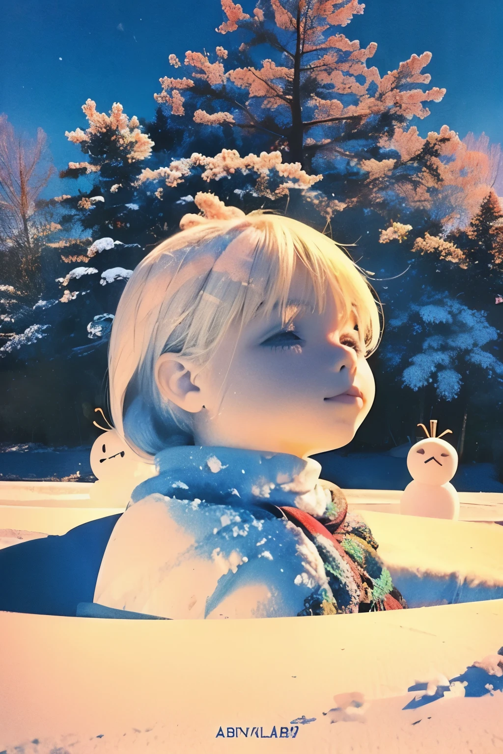 snow field、A snowman is skiing happily、It's snowing