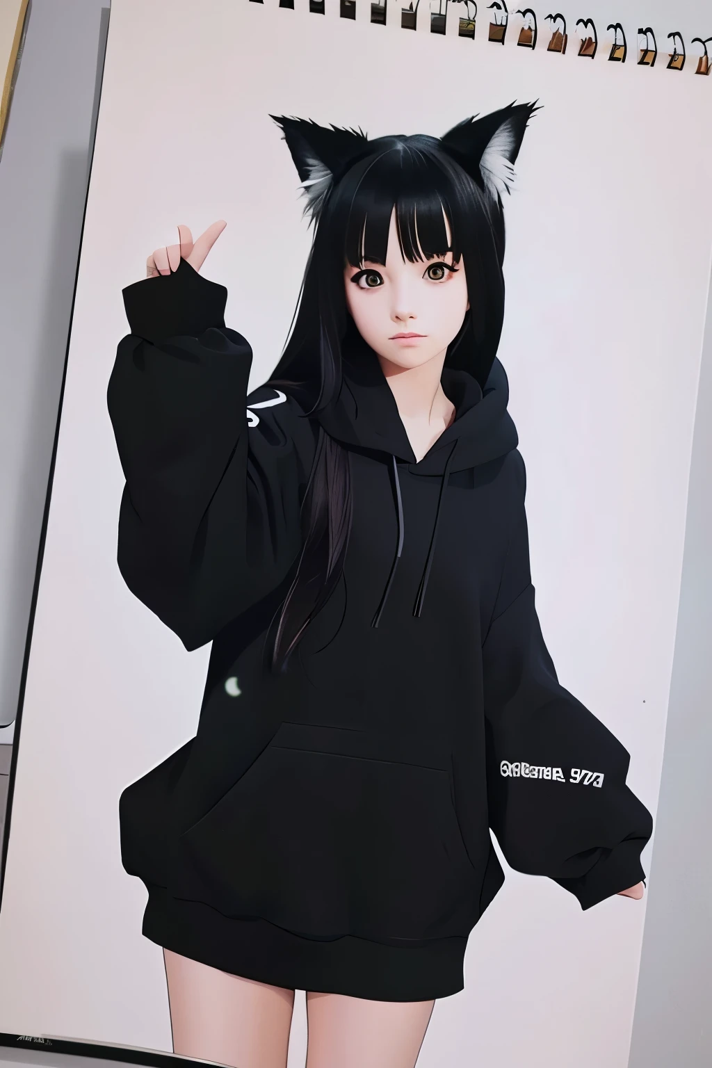 drawing of a girl in a black hoodie with a cat ear, realistic anime art style, 1 7 - - old me goth girl, in an anime style, anime style drawing, in anime style, anime style character, anime art style, anime style illustration, anime realism style, cute art style, realistic anime artstyle, realistic anime 3 d style, anime style art