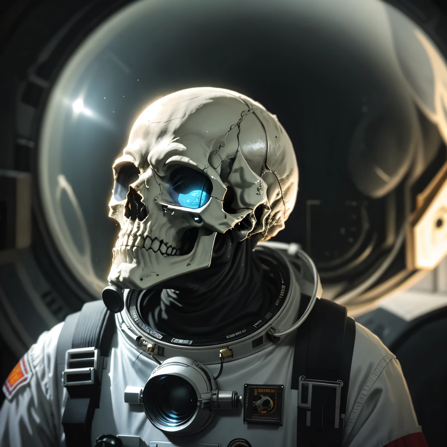 A scifi space pirate with a pistol and mechanical skull mask.