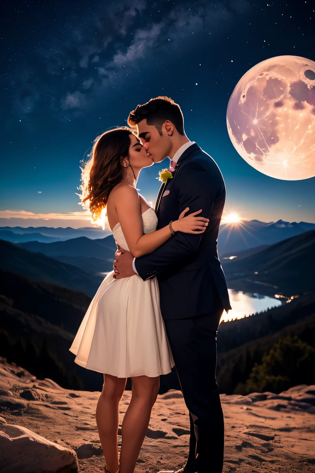 ((La mejor calidad)), ((Obra maestra)), (Detallado), Cara perfecta, 16K, ultra realista, perfecta, beso apacionado, ultra HD,
Create an image of a woman and a man kissing under the moon on a mountain.
La mujer debe ser joven y hermosa, con cabello largo y negro. El hombre debe ser alto y musculoso, with brown hair.
The couple must be standing on the top of a mountain, mirando la luna llena. The man should have his arm around the woman and she should be leaning towards him.
El beso debe ser suave y apasionado. Ambos deben cerrar los ojos y perderse el uno en el otro. El mundo debe desvanecerse a su alrededor y solo quedar ellos dos, unidos por su amor.
La noche debe ser clara y estrellada, y la luna debe brillar intensamente. Debe ser una noche perfecta para estar enamorado.