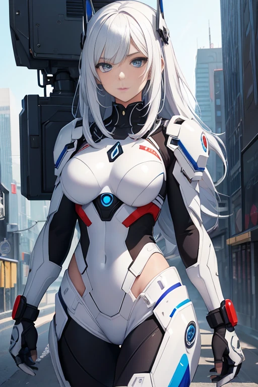 best qualityer,tmasterpiece,Ultimate resolution,top quality, detailed eyes, downy,Extremely colorful,Colorful,woman combatants,a young pretty female,white hair, combat suit, anime art, Steel City background,blue-sky,Normal posture