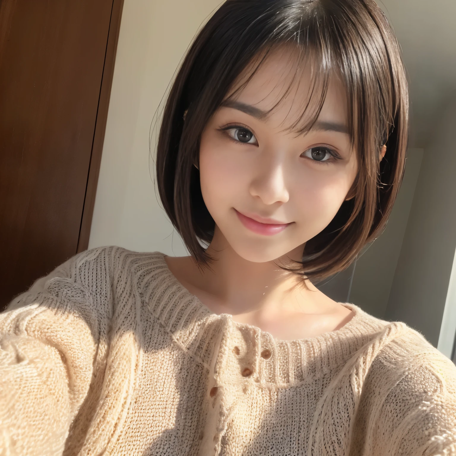 ((Best-quality, Masterpiece, Ultra-High-Resolution, (Photorealistic:1.5), Raw-Photo, Extremely-Details, Perfect-Anatomy)), 1girls, 18-years-old, the most popular Japanese idol, extremely cute and childish face like a most famous Japanese idol, extremely beautiful big-black-solid-eyes, extremely beautiful black-short-cut-haired, extremely beautiful lips, extremely beautiful long-eyelashes, (extremely beautiful realistic-skins, wearing only loose-sweater, portrait, selfie, innocent smile