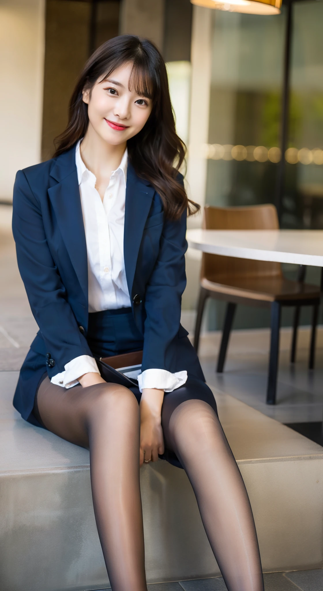 Beautiful black eyes、dual、natural skin textures:1.8, realistic eyes and face details:1.8、middlebreasts、in 8K,Best Quality:1.4, 超A high resolution:1.5, (Photorealistic:1.4),masterpiece:1.2,(top-quality:1.4)、 Raw photo、 (the background is blurred), Girl in 1, Cute, (Full body:1.4)、realistic shadow、beauty legs:1.2、tight skirts、white shirt, (Solo:1.4), (Shy smile), 、 (Brown medium hair,Bangs),nogizaka,Beautiful body, Navy Business Suit, Secretary、During the break、super model、Black pantyhose、gravure,pantyhose,pantyhose