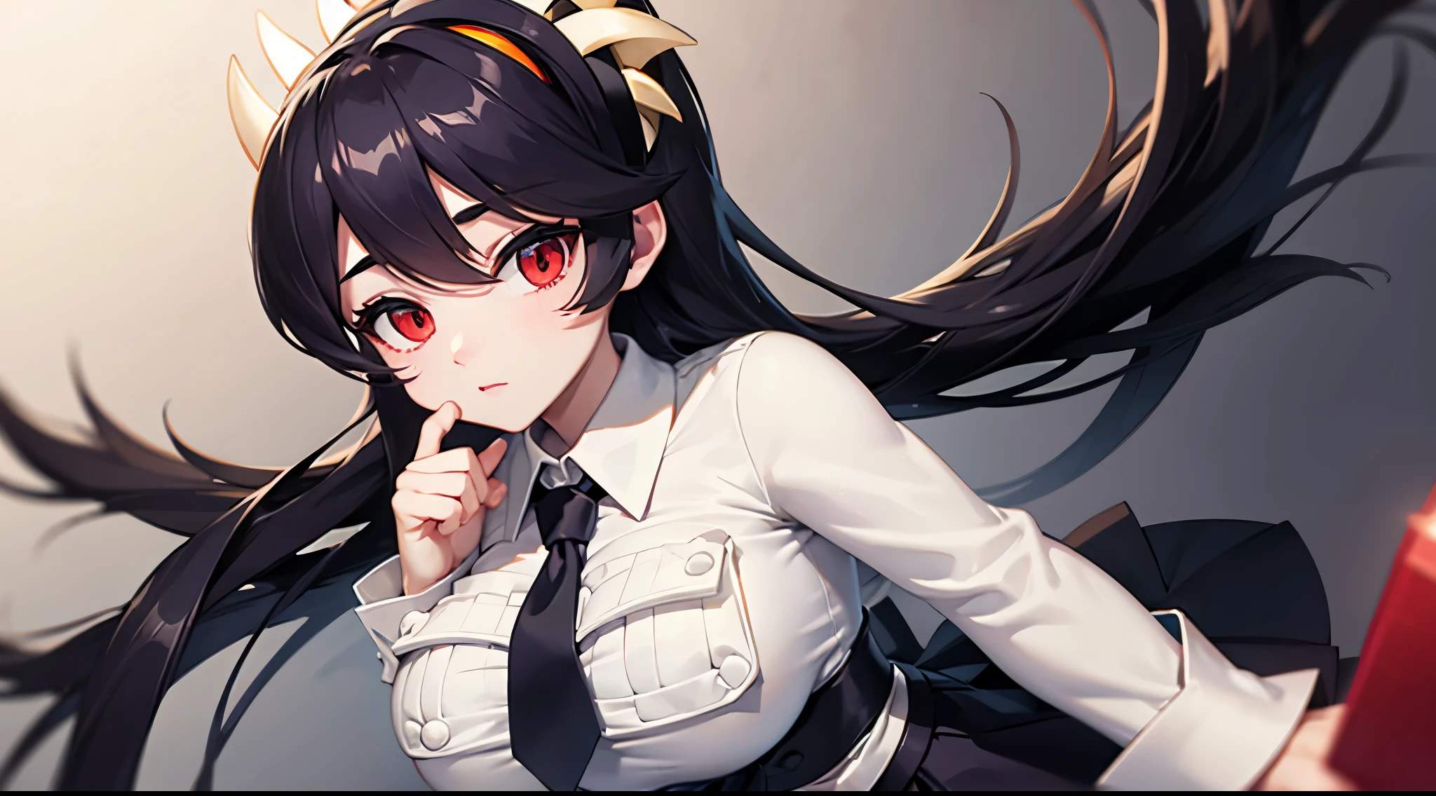 Filia, black hair, detailed eyes, black pupils, white shirt, black tiny tie, black skirt, black socks, brown shoes, white panties, huge boobs, tiny waist, large ass, large thighs, big cheeks,