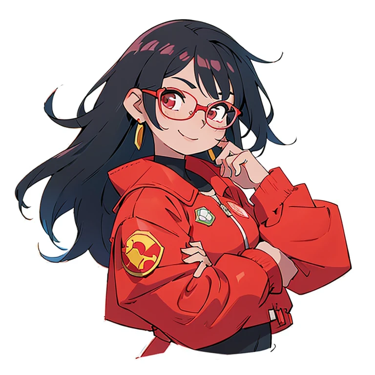Brazilian girl, half Asian, half Brazilian, white skin, defined body, long straight black hair, with bangs on her forehead, round glasses, wearing a red jacket, with a communist symbol on her shoulder, half Asian eyes, smiling