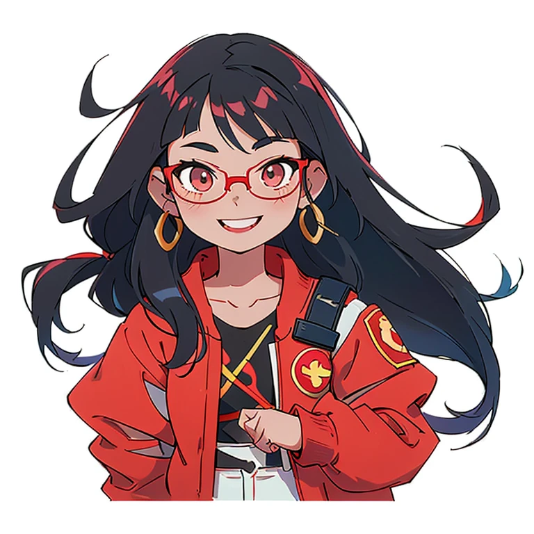 Brazilian girl, half Asian, half Brazilian, white skin, defined body, long straight black hair, with bangs on her forehead, round glasses, wearing a red jacket, with a communist symbol on her shoulder, half Asian eyes, smiling