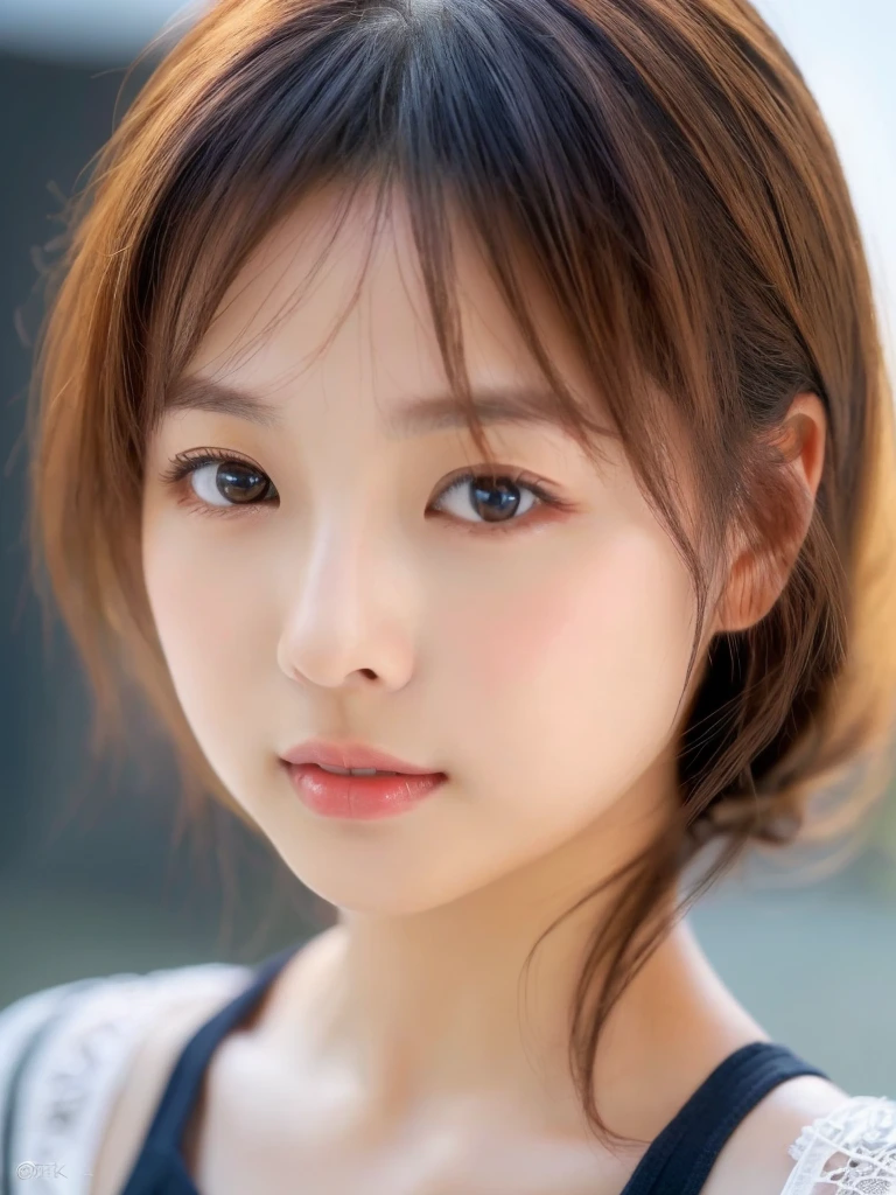 ((cute little日本の女の子、Beautiful japanese girl、1 girl in、age19、Highly detailed facial and skin texture、refinement、hyperdetailed face、ultradetailed eyes、blusher、blush、teak、teakを塗ったピンクの頬、close-up of woman、bustup、frontage、cute little、smooth white skin、Transparent skin texture、))、(dark brown hair、bangss)、Looking at the camera、Beautiful Women in Perfect Style:1.4、Japanese Models、Young gravure idols、若いcute littleグラビアアイドル、Realistic Young Gravure Idol、refinementされたグラビアアイドル、((top-quality、in 8K、masterpiece:1.3))、(4K、Raw photography、top-quality)、(reallistic、フォトreallistic:1.37)、Place a person on the other side of the screen、natural soft light、poneyTail、upper body and head、refinement、