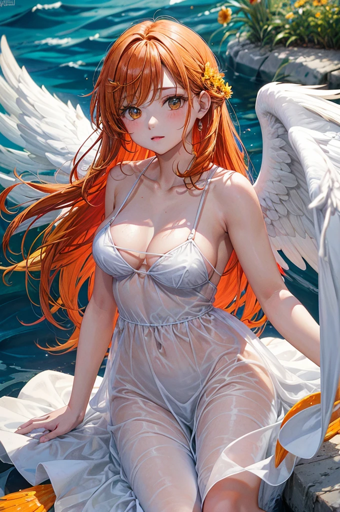 Top quality, ultra high resolution, (photorealistic: 1 beautiful girl 4), . Red wings. Charming face. Model face. Hair is long. Thin. Bikini, beautiful details, orange hair. Big tits. Hair tangerine-colored. Miniskirt. Earring. Rake your hair. Detail. Vivid? Realistic details. Real. On the back large wings. Clouds around. Cloud mass. Naked. Angel wings. Long wings. Wide wings. Lifting the chest. Lift your chest with both hands. Embarrassing face lifting chest with both hands. Embarrassing face. Shyness. Blushing. Kneeling. Kneel down. I closed my eyes. Kissing face. Close your eyes and kiss your face. Kiss. Look up. Pressing for a kiss. Ask for a kiss. Wing. Close your eyes.