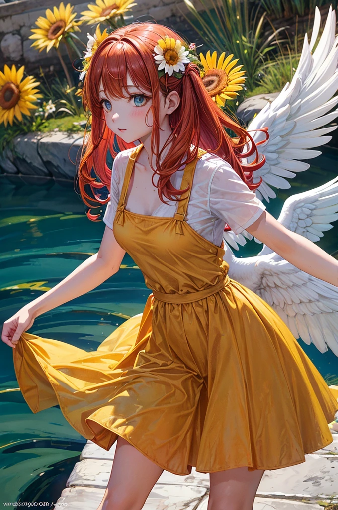 Chica bajo el agua, Cabello largo y rojo suelto, angel wings, Flores de lirio naranja amarillo y blanco
