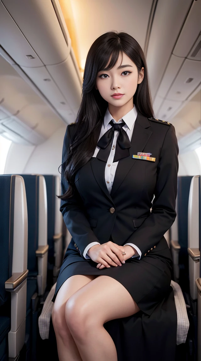 1woman, 20yr old、hyperdetailed face、Detailed lips、A detailed eye、二重まぶた、(black long hair、Like an airplane stewardess々Do a good job)、(Stewardess uniform:1.2)、(Glamorous body)、(Colossal tits)、smil、thighs thighs thighs thighs, Perfect fit, Perfect image realism, Background with: (Business Class aisle on airplanes:1.2), Cowboy Shot, Meticulous background with, detailed costume, Perfect litthing、Hyper-Realism、(Photorealistic:1.4)、8K maximum resolution, (​masterpiece), highly detailed, Professional