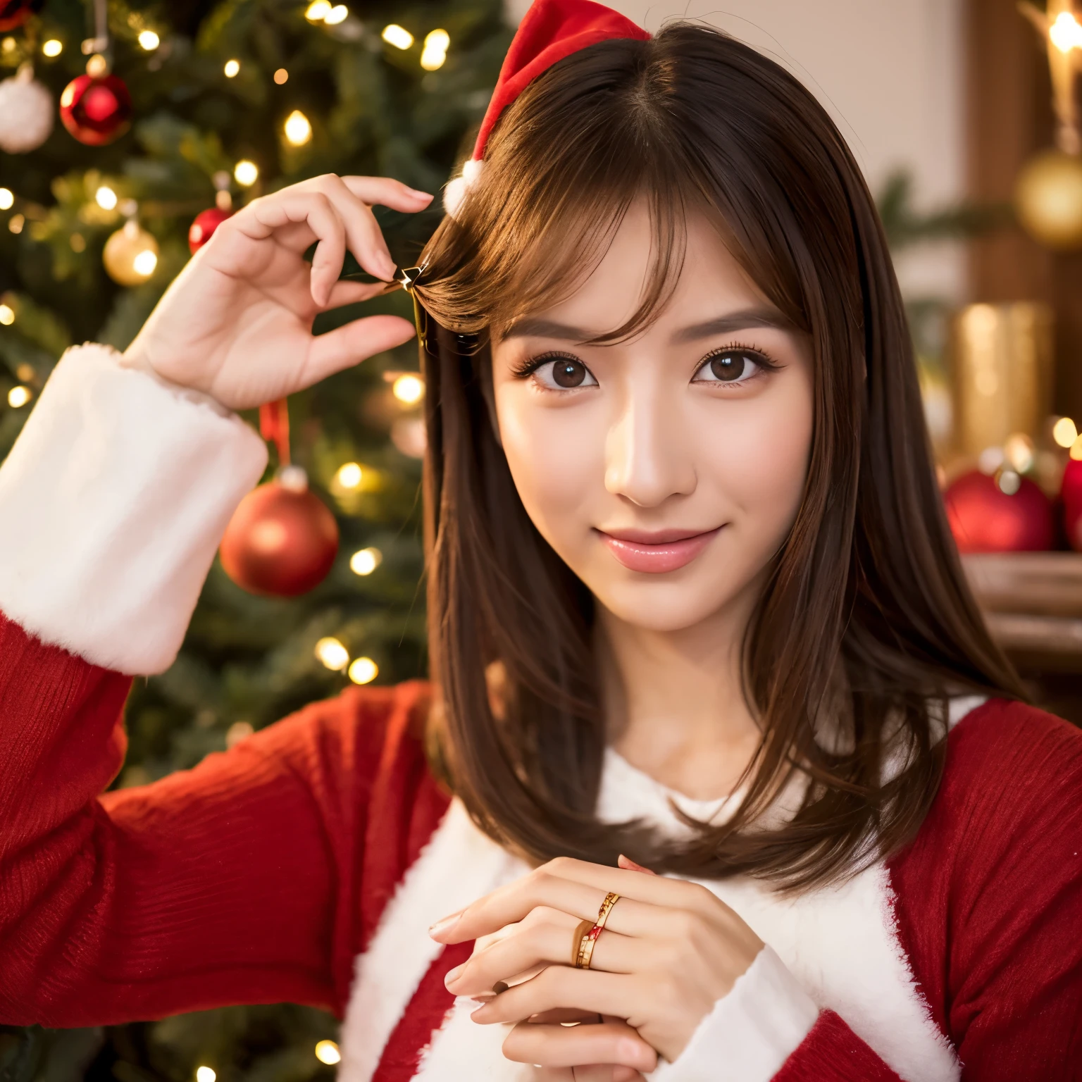 Visualiza a una encantadora chica coreana, reminiscente de Sana Minatozaki, con un distintivo cabello rosa que le confiere un aire festivo. Sus ojos, of a warm hazelnut tone, reflect Christmas joy. Viste un elegante vestido rojo con detalles blancos, encapsulating the festive spirit. En el estudio de fotos, His presence radiates a unique combination of grace and enthusiasm, capturing the magical essence of the Christmas season.