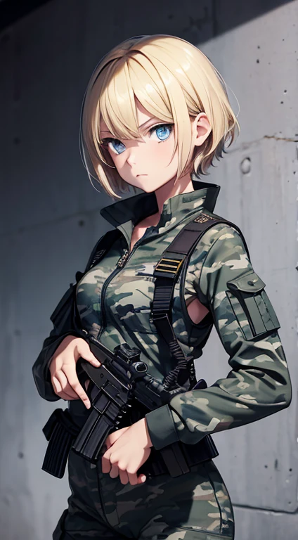 Young Girl, short blonde hair, Blue eyes, Soldier camouflage suit, Sleeveless, open belly, gun, Serious look, masutepiece, High quality
