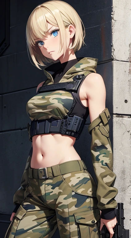 Young Girl, short blonde hair, Blue eyes, Soldier camouflage suit, Sleeveless, open belly, gun, Serious look, masutepiece, High quality