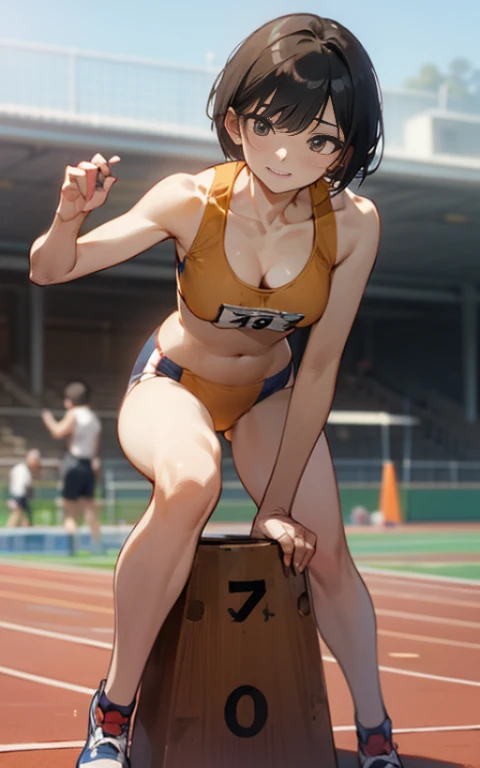 (1girl:1.2), masterpiece, best quality, best detail, best proportion, best anatomy, best face, blush, best shaped breasts, very small breasts, (tall and slender girl):1.35, muscle girl, (black short hair), ((14 year old japanese lowteen):1.3), ((wide shot):1.2), view from side, cameltoe,  ((prosthetic limbs):1.4), ((prosthetic girl):1.1), (track and field uniforms), cameltoe, loose a competition, sadly, tears, blush face, (at a track field(background)), running, very wet, (a disabled girl is running away from boys):1.0,