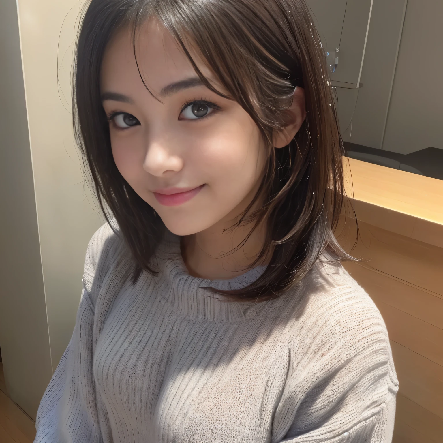 ((Best-quality, Masterpiece, Ultra-High-Resolution, (Photorealistic:1.8), Raw-Photo, Extremely-Details, Perfect-Anatomy)), 1girls, 18-years-old, the most popular Japanese idol, extremely cute and childish face like a most famous Japanese idol, extremely beautiful big-black-solid-eyes, extremely beautiful black-short-cut-haired, extremely beautiful lips, extremely beautiful long-eyelashes, (extremely beautiful realistic-skins, wearing only loose-sweater, portrait, selfie, innocent smile
