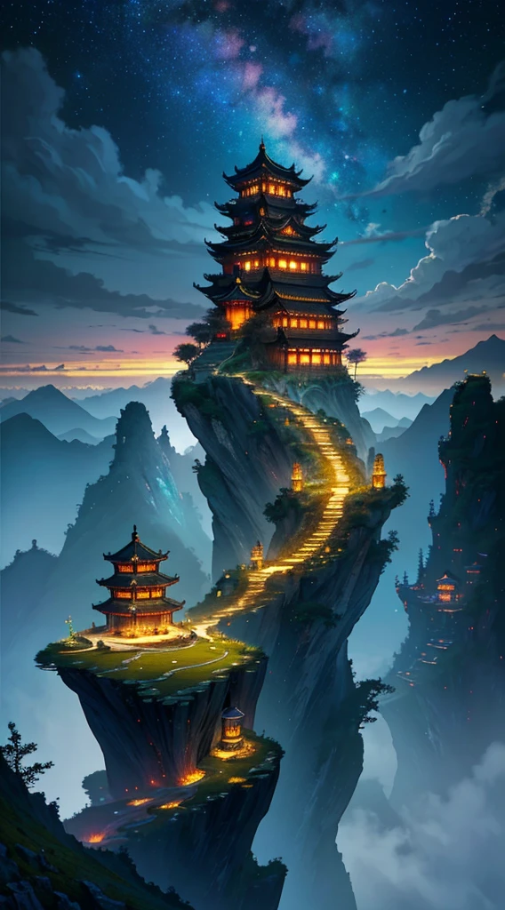 sky, star (sky), scenery, starry sky, night, night sky, cloud, moon, sitting, long hair, winner of cg society competition, fantasy art, Chinese landscape, Chinese fantasy, Chinese ink style, pin ancient city view, order Impressive fantasy landscape, most epic landscape, avatar landscape, chinese village beside a lake, super detailed