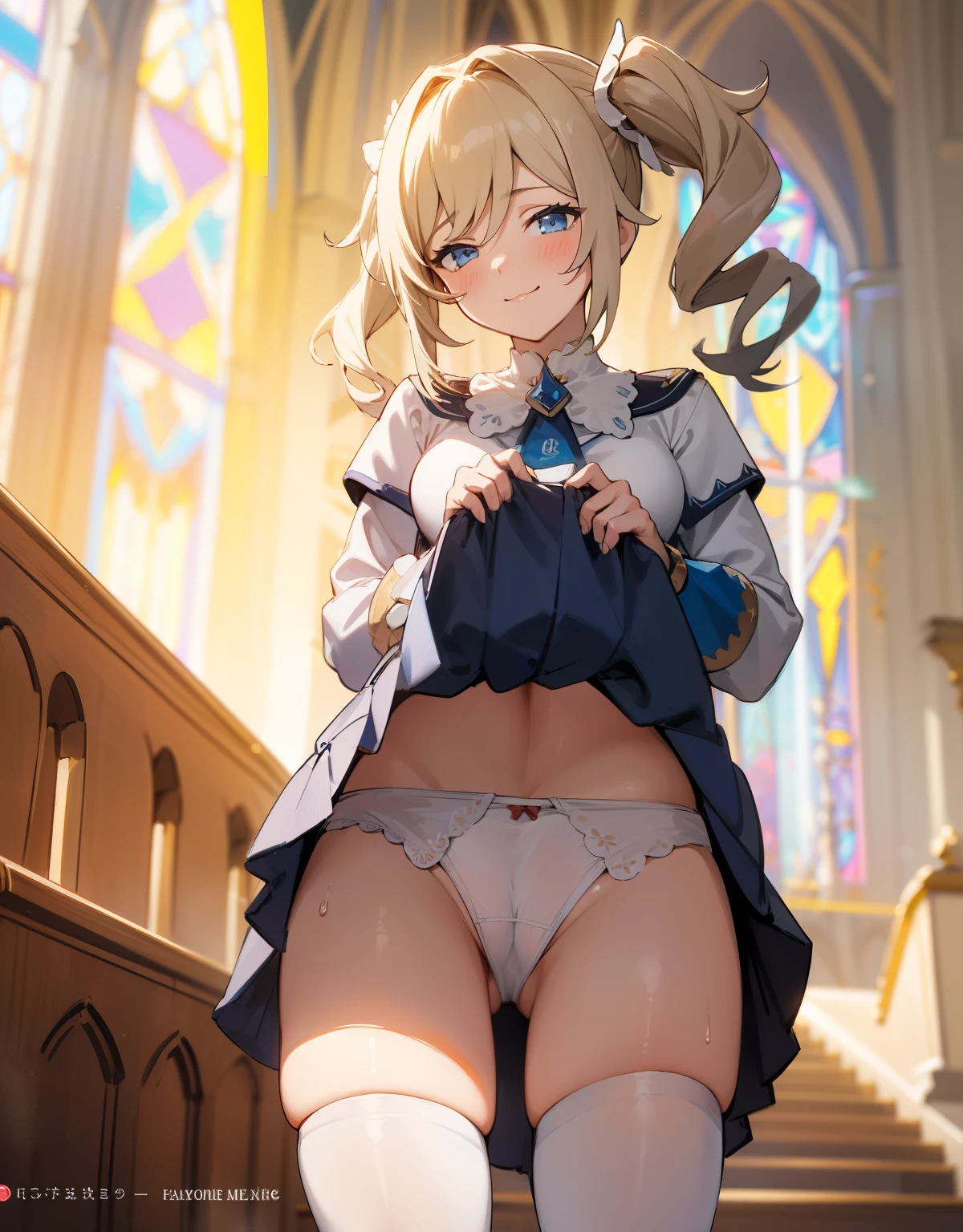 (Best Quality, Masterpiece),sexy, erotic, 1girl, 18 years old, Contempt, pride, blonde hair, ((blue eyes)), looking at viewer, medival cathedral, (standing), (half-closed eyes:1.1),happy, ((skirt lift)), white tights, ((white panties)), warm light, (ponytails), official outfit, ((ass))