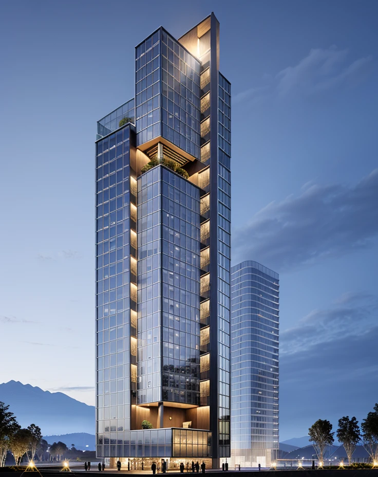 Swing out coffee table and parasol, light from inside the building, waterfront, Mountain, water surface, square,  venue, industrial style, Koolhaas, Glass curtain wall, Metal plate, conceptual style, cyberpunk style, night view, 8K, high detail, accurate structure, movie light effect