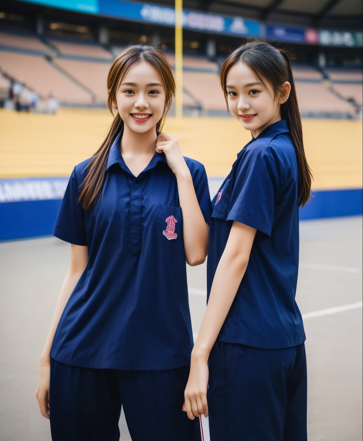 (bestquality,10,10,highres,masterpiece:1.2),ultra-detail,(Realistic,ภาพRealistic,photo-realistic:1.37),1 Cute girl in the football field,oily shiny skin,bara,light smile,BDclothelue shirt:1.3)),short sleeves,shirt, trousers.,(navy_long_ติดตามtrousers:1.1), ((Stadium Background:1.3)),dynamic angle,excited,face focus,Dynamic Poses,from behide,Ass Focus,masterpiece, bestquality, ultra realistic, hyper-detail, 8k resolution, RAW photo, crisp focus, ((Navy blue shirt:1.1)), short sleeves, เส้นทางlong, Complete bodyแบบ, 2 mature women, 18yo, cinematic light,trousersวอร์มสีน้ําเงิน,Gymware,Correct anatomy,Complete body, Correct body, sharp face, Correct bodyทางกายวิภาค, full entire body, Realistic gestures, long-haired, Realistic poses,Wear long shorts............................................,ช่วงขาlong,Shapely,Sculpting Girl, Slender Figure, mannequin mannequins, Shapely, Beautiful body,trousersวอร์มสีน้ําเงิน, Two girls kissing