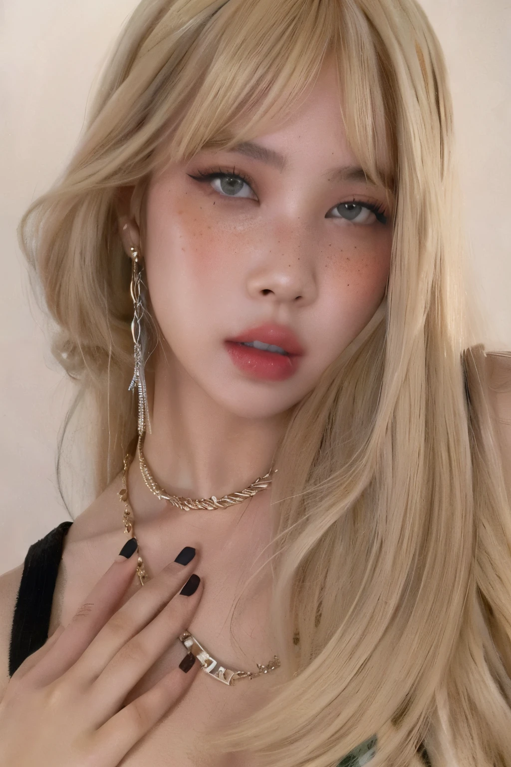 Mujer rubia con pecas y piercings posando para una foto, Lalisa Manobal, Cabello largo y rubio y ojos grandes, ulzzang, Cabello largo y blanco y flequillo, long cabello rubio y ojos grandes, Ava Max, Retrato de Kim Petras, Lalisa Manoban de Blackpink, cabello rubio y ojos grandes, Una chica con cabello rubio