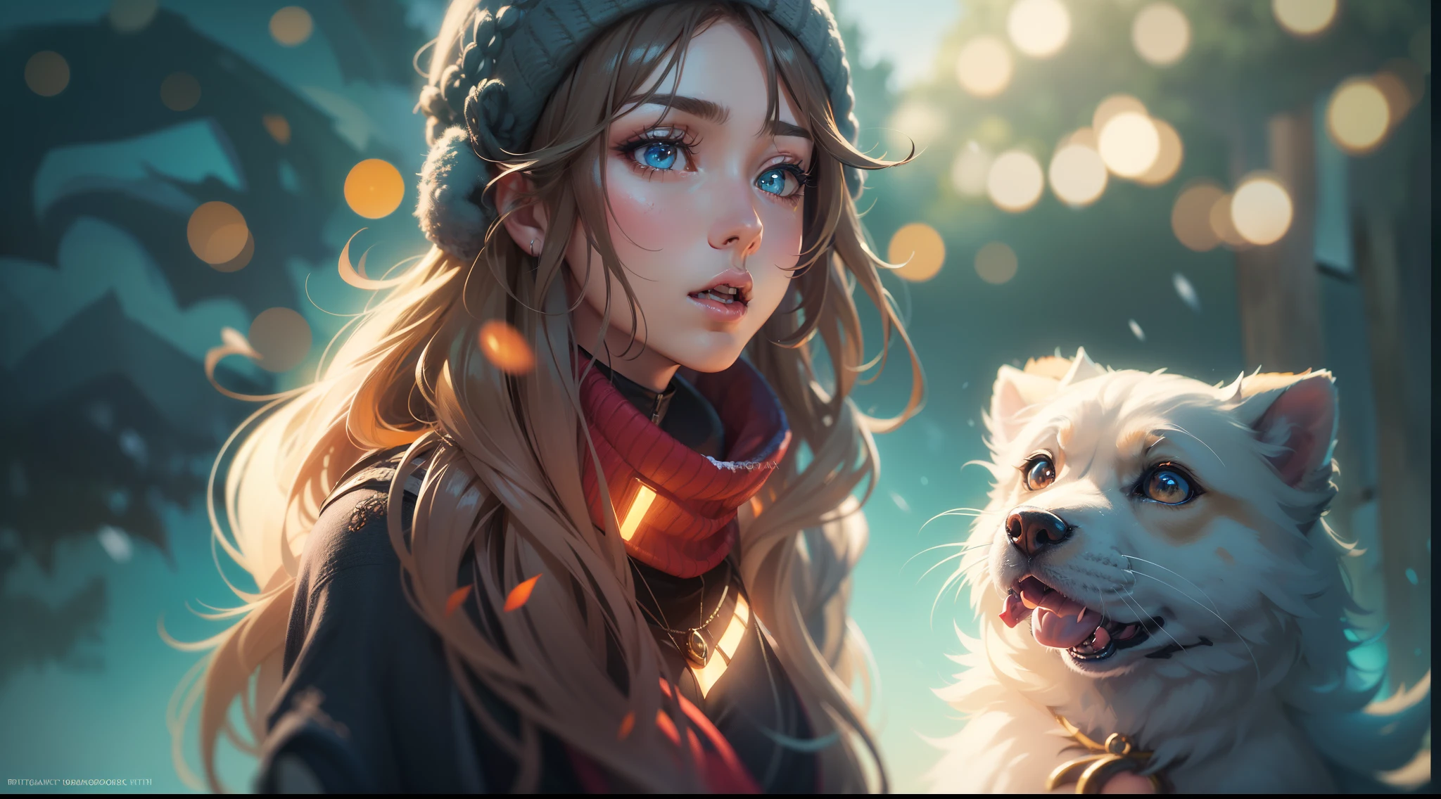 full body portrait of a photo realistic beautiful girl, 1 girl, facing forward, waifu, flowing hair, short modern winter clothing, big beautiful flirtateous open eyes, standing straight, cinematic lighting, winter snow holiday setting, highly detailed, digital painting, trending on artstation, pixiv, concept art, sharp focus, illustration, art by ross tran and wlop, Glowing eyes, Best quality, good lighting, large breasts with cleavage, seductive face, Masterpiece, highres,sharp focus,(ultra detailed,extremely detailed),(photorealistic artwork:1.37),(extremely detailed CG unity 8k wallpaper),(((vibrant colors,vibrant theme))),(intricate),(masterpiece),(best quality), girl is playing with a cute small dog