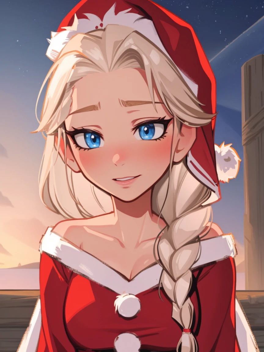 Elsa of arendelle, santa hat, santa costume, upper body, single braid, Woman, inCase art style, in the style of InCase,