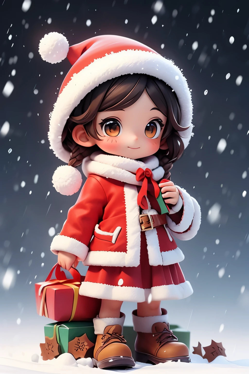 snow field、A girl dressed as Santa Claus is giving a present to a scarecrow、It's snowing