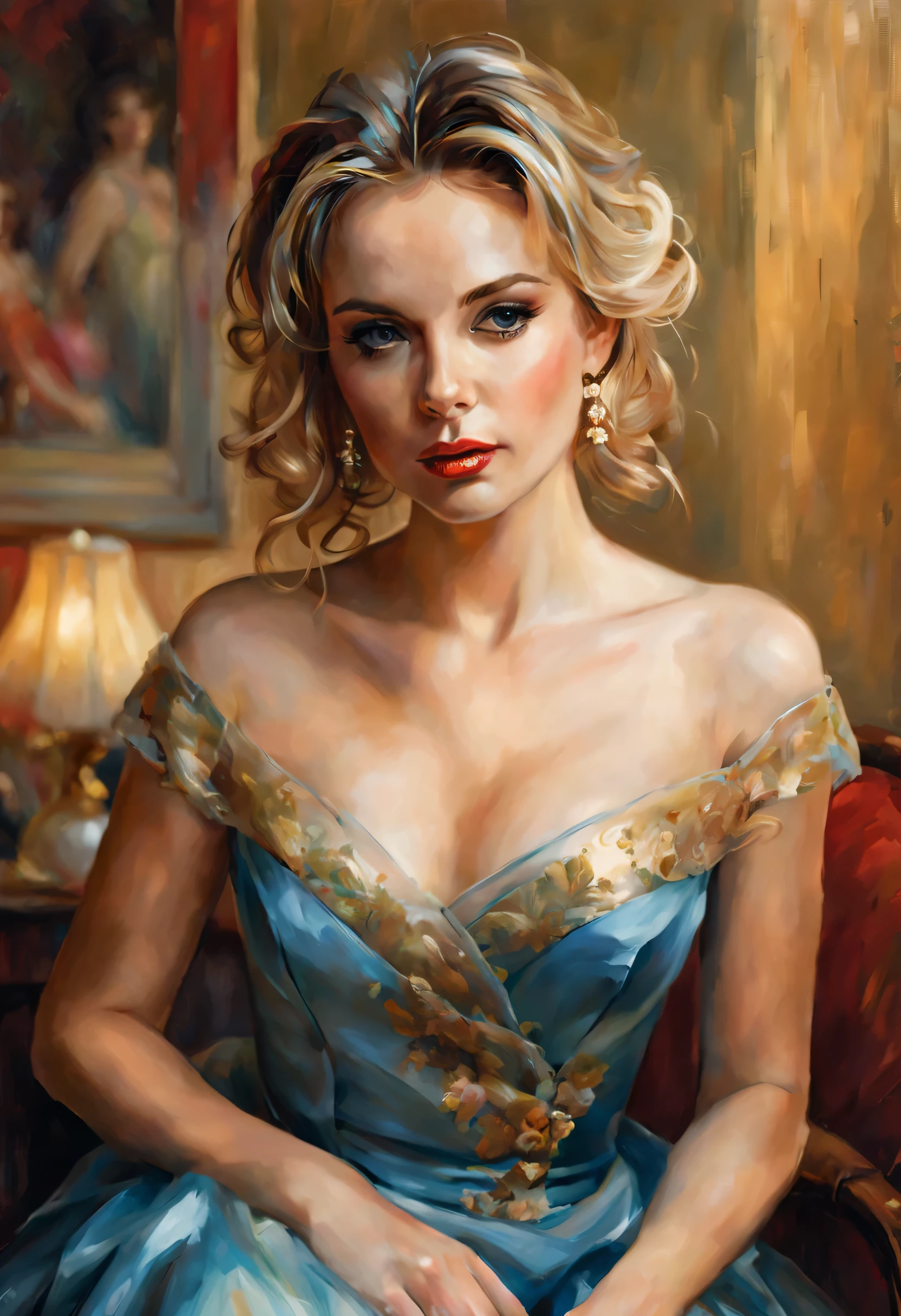 portrait of a beautiful young woman in the style of Philippe de Laszlo, by Michael Garmash, girl in a ball gown, Fine strokes, outlining her features, subtle highlights and shadows, soft lighting illuminating her face and dress Art style: Realistic, oil painting color palette: Rich, warm tones with hints of gold and dark red, contrasts with the cool blue background lighting: soft, diffused light falls on a woman&#39;s face, highlighting her delicate features and the texture of the dress