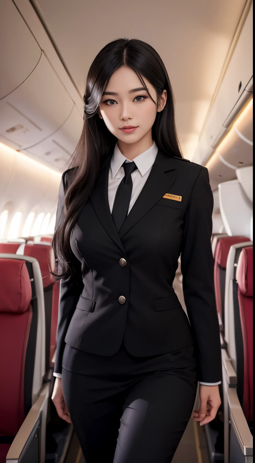 1woman, 20yr old、hyperdetailed face、Detailed lips、A detailed eye、二重まぶた、(black long hair、Like an airplane stewardess々Do a good job)、(Stewardess uniform:1.2)、(Glamorous body)、(Colossal tits)、smil、thighs thighs thighs thighs, Perfect fit, Perfect image realism, Background with: (Business Class aisle on airplanes:1.2), Cowboy Shot, Meticulous background with, detailed costume, Perfect litthing、Hyper-Realism、(Photorealistic:1.4)、8K maximum resolution, (​masterpiece), highly detailed, Professional
