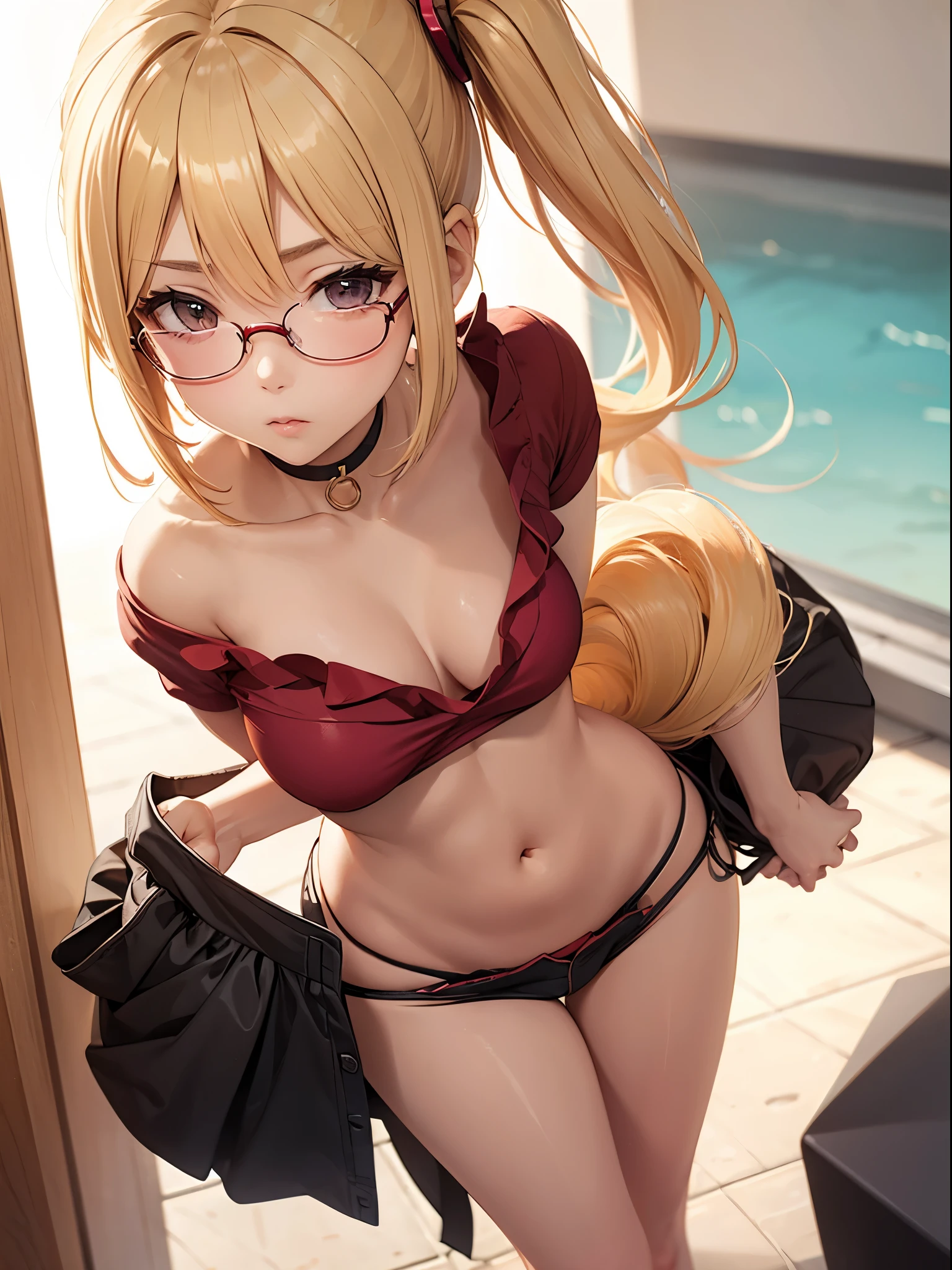 in public, boring, bangs, loli body, 14 year old girl, blonde hair tied in a side ponytail, sensual cleavage, red blouse, round breasts, ass facing the viewer, back to the screen, micro shorts 1.4, Ultra HD, 4k image, glasses, character near the camera, tight shorts, V panties, sensual panties, low waist panties, short miniskirt 1.3, view from above, camera from above