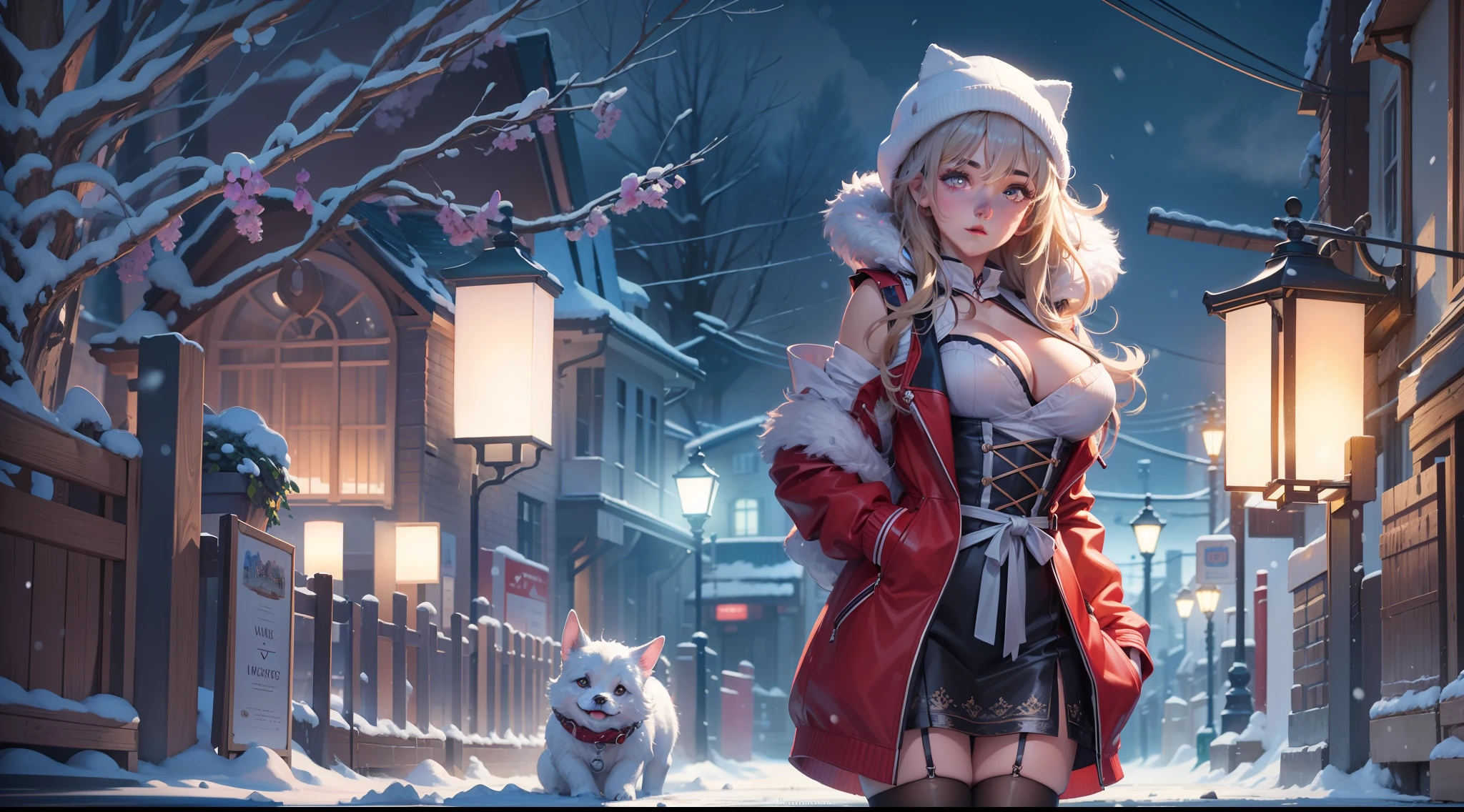 full body portrait of a photo realistic beautiful girl, 1 girl, facing forward, waifu, flowing hair, short modern winter clothing, big beautiful flirtateous open eyes, standing straight, cinematic lighting, winter snow holiday setting, highly detailed, digital painting, trending on artstation, pixiv, concept art, sharp focus, illustration, art by ross tran and wlop, Glowing eyes, Best quality, good lighting, large breasts with cleavage, seductive face, Masterpiece, highres,sharp focus,(ultra detailed,extremely detailed),(photorealistic artwork:1.37),(extremely detailed CG unity 8k wallpaper),(((vibrant colors,vibrant theme))),(intricate),(masterpiece),(best quality), girl is playing with a cute small dog