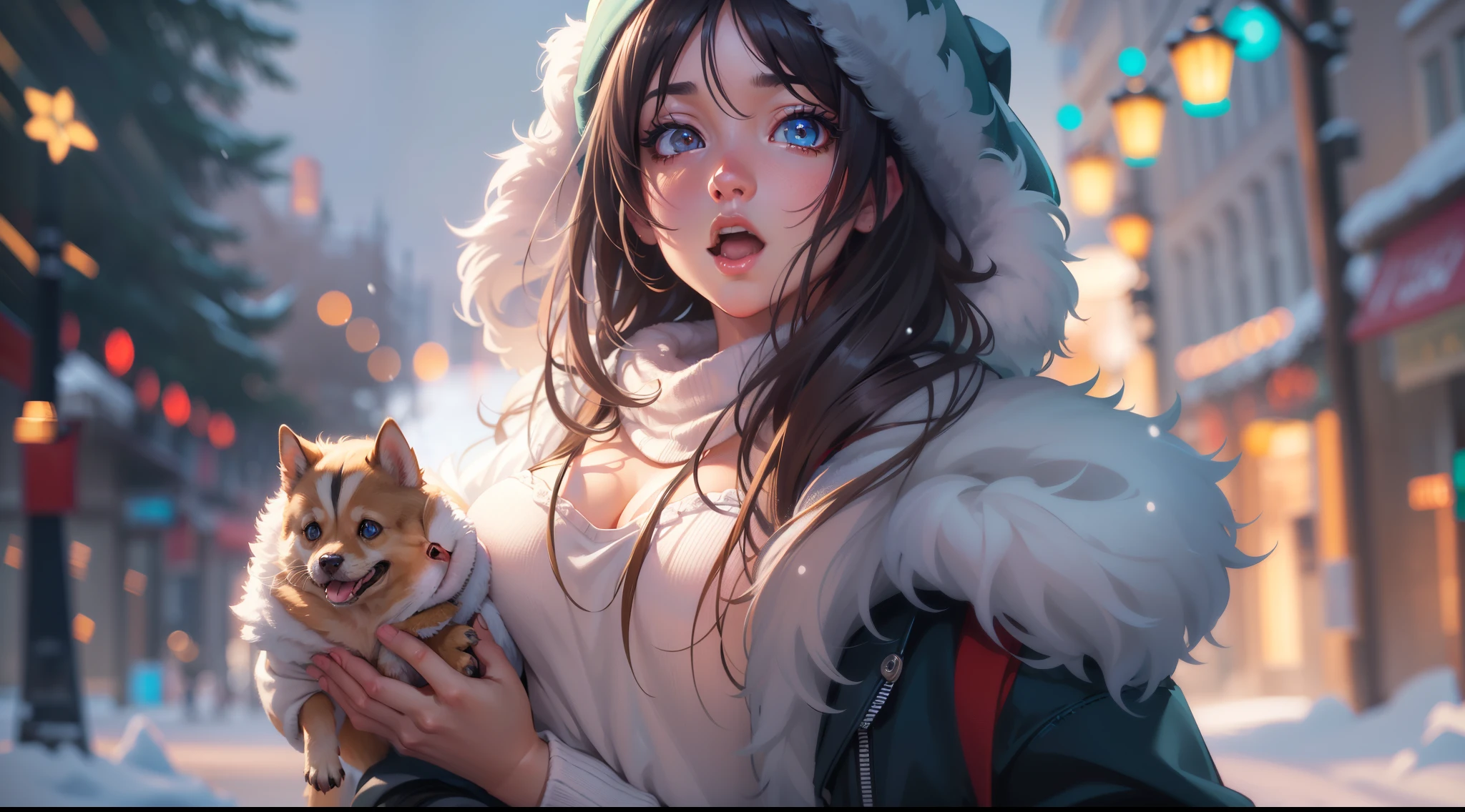 full body portrait of a photo realistic beautiful girl, 1 girl, facing forward, waifu, flowing hair, short modern winter clothing, big beautiful flirtateous open eyes, standing straight, cinematic lighting, winter snow holiday setting, highly detailed, digital painting, trending on artstation, pixiv, concept art, sharp focus, illustration, art by ross tran and wlop, Glowing eyes, Best quality, good lighting, large breasts with cleavage, seductive face, Masterpiece, highres,sharp focus,(ultra detailed,extremely detailed),(photorealistic artwork:1.37),(extremely detailed CG unity 8k wallpaper),(((vibrant colors,vibrant theme))),(intricate),(masterpiece),(best quality), girl is playing with a cute small dog