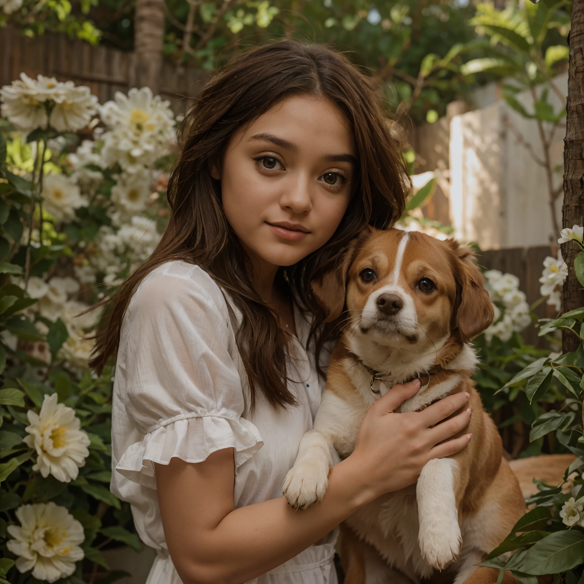 photograph of a beautiful young Latina woman who looks like Dakota Fanning, brown-hair, ropa casual, in an outside garden, jugando con un perrito, foto alegre